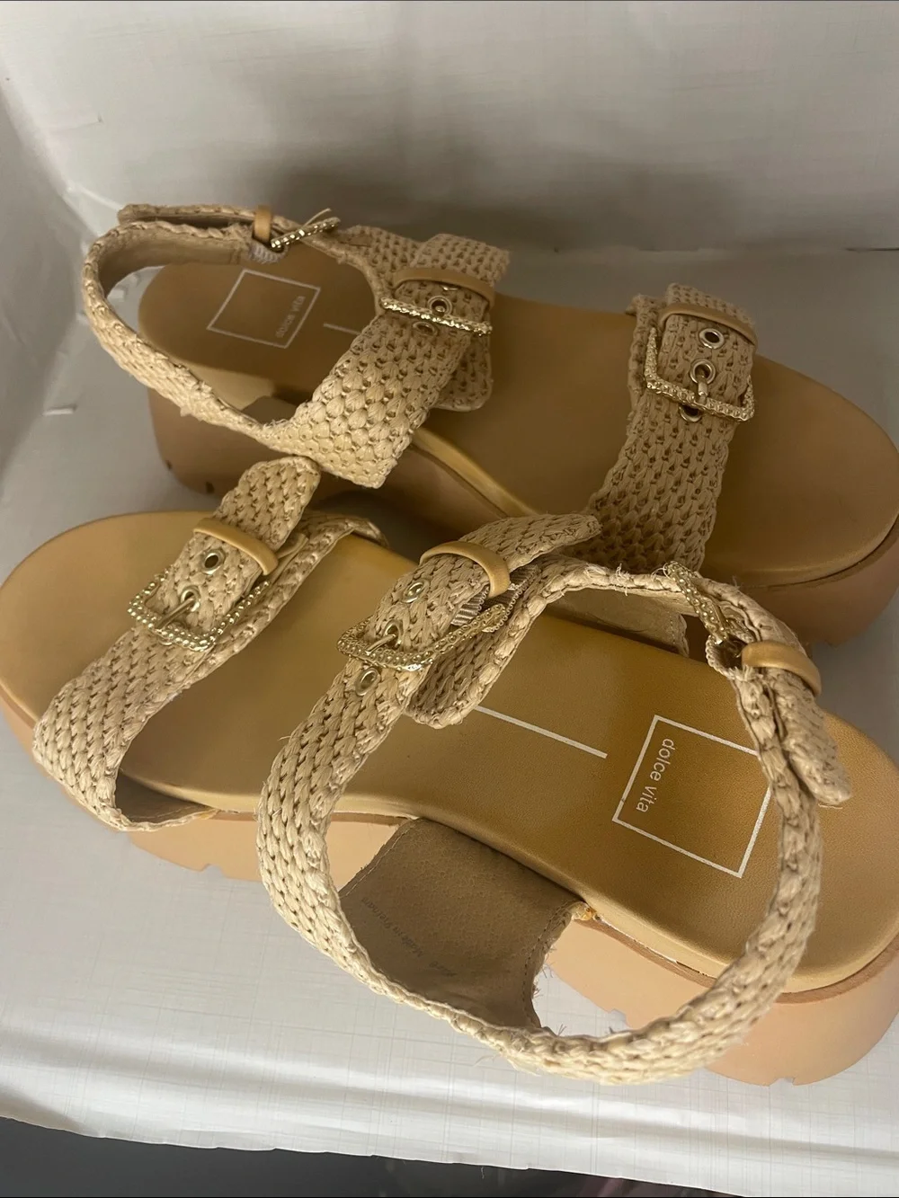 Dolce Vita Tan Woven Platform Sandals with Buckle Accents
